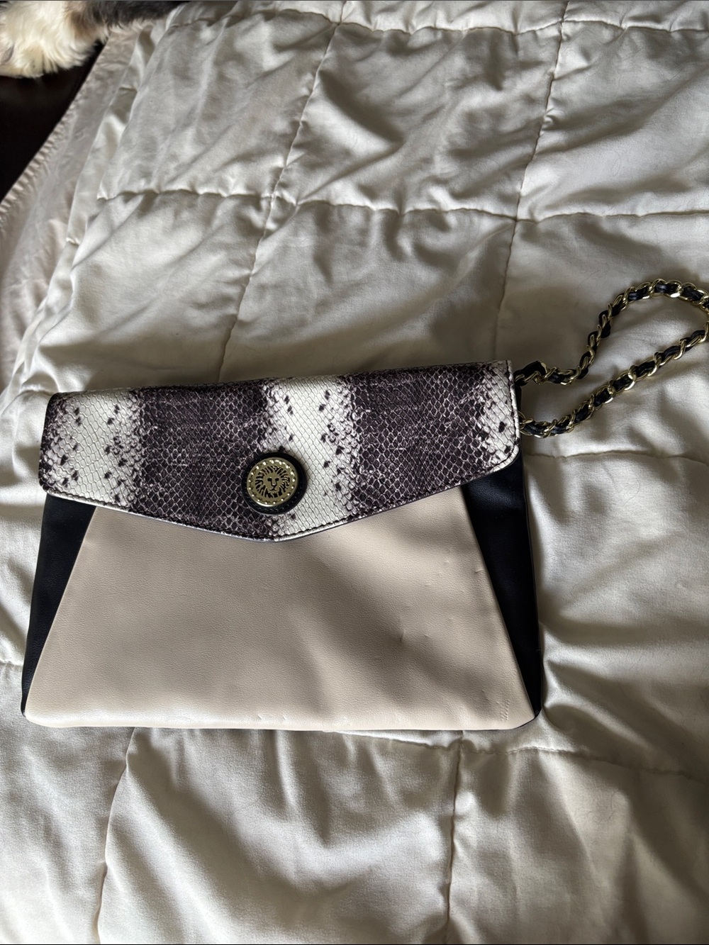 Ann Taylor Neutral Colorblock Envelope Clutch with Snake-Print Flap